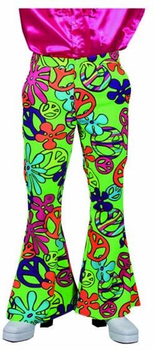 Hippie Kostuum | Gifgroene Flower Power Broek Man | Small | Carnaval kostuum | Verkleedkleding